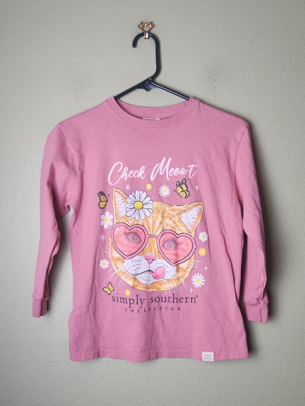 Simply Southern Pink 'Check Meow' Cat Heart Sunglasses Long Sleeve Youth Size SM